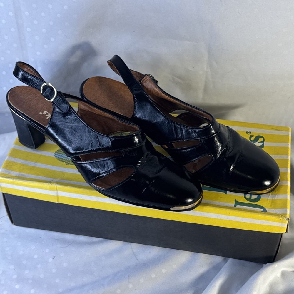 Vintage Women's Enna Jetticks Black Leather Slingback‎ Heels  7B Brass Toe